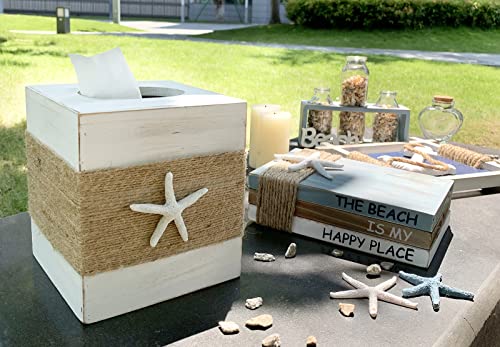 SOMTO Beach Rustic White Wood Square Tissue Box Cover,Farmhouse Bathroom Accessories Starfish Decor Tissue Holder with Slide-Out Bottom Panel…