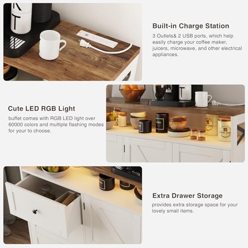 47" Antique White Storage Cabinet with Doors & Drawers, Farmhouse Sideboard Buffet Cabinet with Storage, Kitchen Pantry Hutch Cabinet, Coffee Bar Station Table for Kitchen, Livingroom, Dining Room FiveWillowise