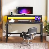 YATINEY 47.2" Computer Desk with Charging Station and LED Lights, Gaming Desk with Monitor Stand, 2-Tier Home Office Desk with 4 Side Hooks, for Living Room, Home Office, Black DN12UDBB YATINEY