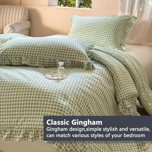 NSNLGSGC Sage Green Ruffle Gingham Comforter Set Queen, Pre-Washed Ruffled Plaid Checked Comforter Bedding, 3 Pieces Vintage Farmhouse Grid Bedding Set(Green Gingham, Queen) NSNLGSGC