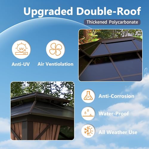 Jolydale 10'x12' Hardtop Gazebo,Outdoor Polycarbonate Gazebo, Double Roof Gazebo, Aluminum Frame Permanent Pavilion with Netting and Curtains, for Patios, Gardens, Backyard Jolydale