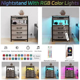 SZLHANJZ Night Stand Set of 2, Nightstands with Charger Station and LED Lights, End Tables Set with 3 Fabric Drawers, Storage Side Tables for Bedside, Living Room, Greige SZLHANJZ