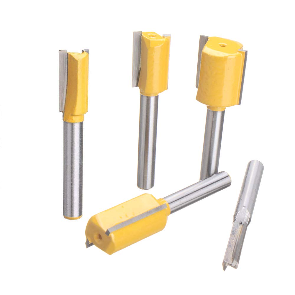 Bestgle Set of 5 Piece Straight Dado Router Bit Set ,Double Flute Straight Bit Carbide Wood Milling Cutter Woodworking Tools, Cutting Diameter 1/4",3/8",1/2",5/8",3/4"(Yellow, 1/4-Inch Shank ) Bestgle
