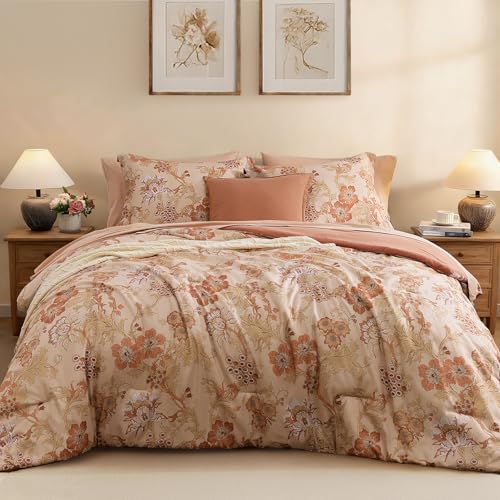 BLOOMHAVEN King Comforter Set -7 Pieces Terrecotta Floral Comforter Set for All Seasons, Bed in a Bag King with Botanical Flowers Comforter, Sheets, Pillowcases & Shams BLOOMHAVEN