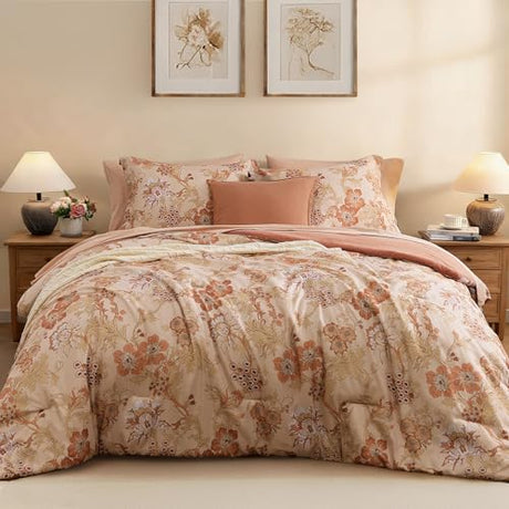 BLOOMHAVEN King Comforter Set -7 Pieces Terrecotta Floral Comforter Set for All Seasons, Bed in a Bag King with Botanical Flowers Comforter, Sheets, Pillowcases & Shams BLOOMHAVEN