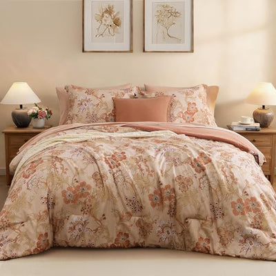 BLOOMHAVEN King Comforter Set -7 Pieces Terrecotta Floral Comforter Set for All Seasons, Bed in a Bag King with Botanical Flowers Comforter, Sheets, Pillowcases & Shams