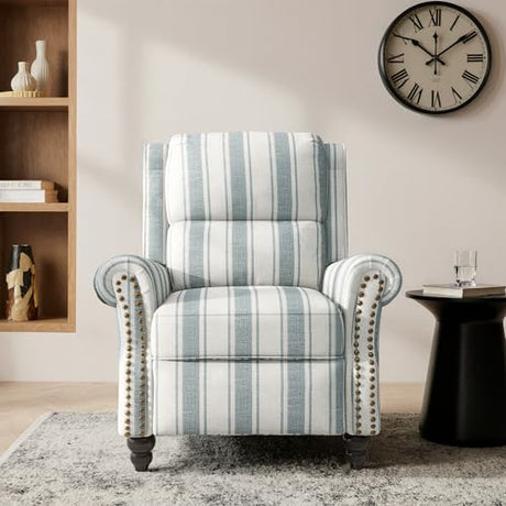 Blissabod Pushback Recliner Chair, Striped Fabric Wingback Recliner Chair, Upholstered Push Back Armchair Recliner, Single Sofa with Trim Wood Legs for Living Room (Blue) Blissabod