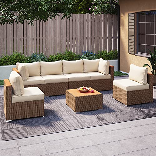 LAUSAINT HOME Outdoor Patio Furniture, 7 Piece Patio Furniture Set PE Rattan Sectional Conversation Sets with Thick Cushions & Wood-Like Coffee Table for Garden, Porch(Beige/Brown Wicker) - WoodArtSupply