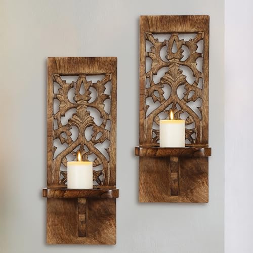 Wall Mount Rustic Candle Scones Set of 2, Wooden Candle Holders, Floating Shelves Pillar Candle Sconce, Hanging Shelf Farmhouse Wall Décor for Living Room Bedroom Bedroom - 16 Inch - Antique  - WoodArtSupply