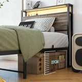 BOFENG Twin Bed Frame with Wood Headboard and USB Charging Station,Heavy Duty Metal Platform Single LED Bed Frame Twin Size with Storage No Box Spring Needed,Strong Steel Slats,Noise Free,Rustic Grey BOFENG