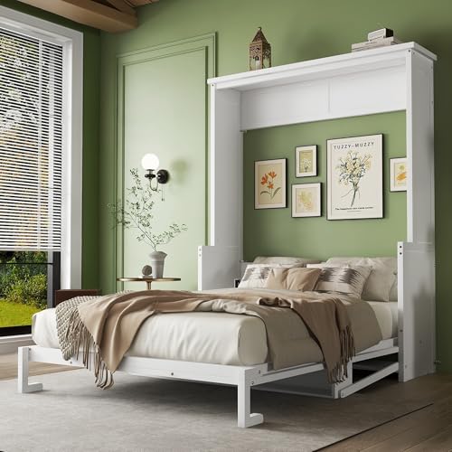 Ball & Cast Queen Size Murphy Bed W/Desk,Horizontal Hidden Wall Bed W/Gas Struts,Space-Saving Murphy Bed Cabinet for Home Office,Apartment,Guest Room,White Ball & Cast
