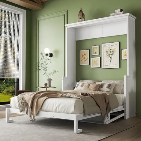 Ball & Cast Queen Size Murphy Bed W/Desk,Horizontal Hidden Wall Bed W/Gas Struts,Space-Saving Murphy Bed Cabinet for Home Office,Apartment,Guest Room,White Ball & Cast