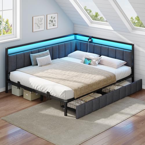 Hasuit Queen Corner Bed Frame with Storage Drawers, Queen Daybed with Line Fabric Upholstered Fence, Kids Bed Unit with LED Light and Charging Station, Modern Bed Frame Queen Size, Gray Hasuit