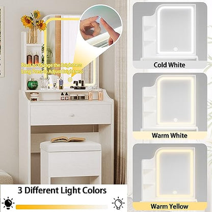 LIKIMIO Small Makeup Vanity Desk with Mirror and Lights, Vanity Table Set with Storage Drawer & Chair & 3 Shelves, Bedroom, White - WoodArtSupply