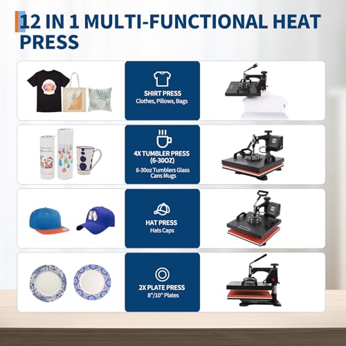 12 in 1 Heat Press Machine 15x15 Pro 30 oz Tumbler Attachment, 360° Swing Away | Industrial Quality Sublimation Press for T-Shirts, Tumblers, Mugs, Hats & Plates GarveeHome