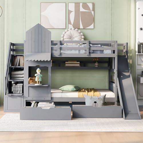 Ball & Cast Twin-Over-Twin Castle Style Bunk Bed,Wood Bunkbed w/ 2 Drawers and 3 Shelves,Full-Length Fence,Bedframe with Slide & Storage Ladder,Space Saving,Slat Support,for Child's Bedroom,Gray Ball & Cast