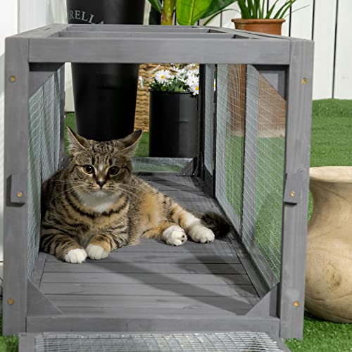 PawHut Outdoor Cat Tunnel with Extendable Design, 59" L Wooden Cat Run with Weather Protection, Connecting Inside and Outside, for Deck Patios, Balconies, Gray - WoodArtSupply