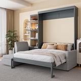 Merax Queen Murphy Bed with Sofa, Wood Folding Wall Bedframe with Soft Couch and Shelves, for Guest Room, Home Office or Small Bedroom, Grey Merax