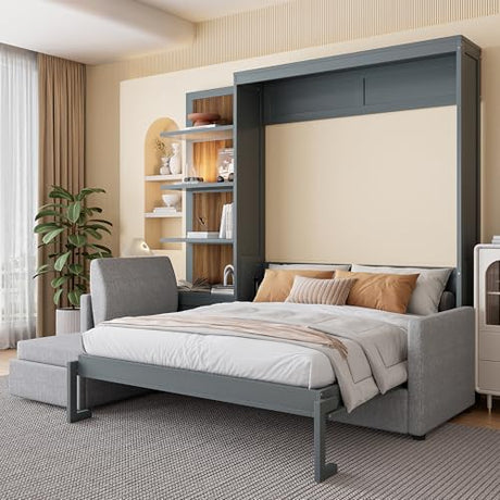 THINK 30 Murphy Bed with Sofa and Shelves, Versatile Wall Bed, Foldable Murphy Bed, Queen Size, Gray THINK 30