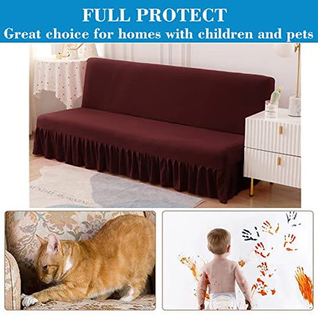 ANWUCHEN Futon Cover-Stretch Armless Futon Covers Full Size with Skirt Ruffled Futon Sofa Cover Washable Folding Sofa Bed Cover Soft Futon Couch Cover Slipcover with Elastic Bottom for Kids,Pets(Red) ANWUCHEN