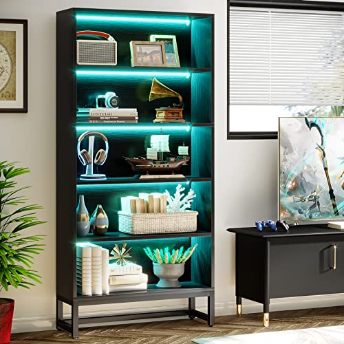 Tribesigns 70.8” Tall Black Bookcase with LED Lights - Heavy Duty 5-Tier Storage Shelf Tribesigns