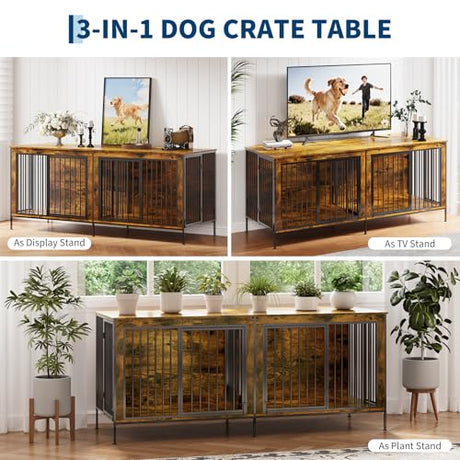 Garvee XL Dog Crate Furniture for 2 Dogs, Heavy Duty Double Dog Crates for Medium/Large Dogs, Dog Kennel Furniture Indoor As TV Stand, Extra Large 78.74" w, Rustic Brown Garvee