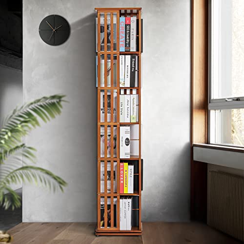 MoNiBloom 360° Rotating Tall Bamboo Bookshelf - 6-Tier Corner Storage Organizer for Home and Office, Brown - WoodArtSupply