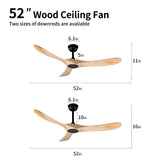 FOBLKS 52" Indoor/Outdoor Wooden Ceiling Fan, 3 Blade DC Ceiling Fan with Remote Control, 2 Downrods, Reversible DC Motor 22W Quiet Energy Saving FOBLKS