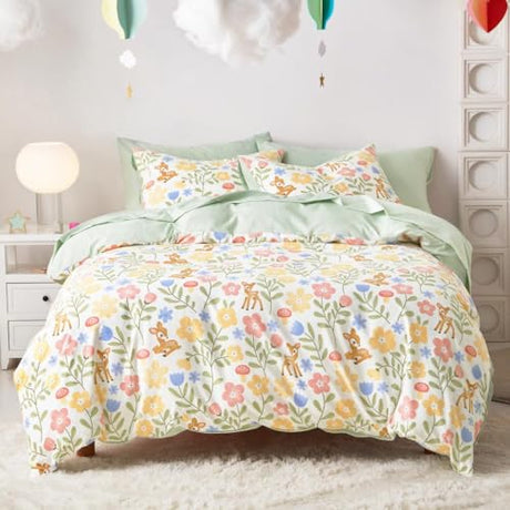 Wake In Cloud - Floral Bedding Set for Girls, Cute Colorful Botanical Flowers Deers Patterned Soft Lightweight Comforter Set with Sheets, 7 Pieces Kids Bed in a Bag, Green Cream, Full Size Wake In Cloud