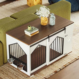 IRONCK Large Dog Crate Furniture with 2 Rotatable Dog Bowls, Wooden Dog Kennel with 2 Adjustable Shelves, Barn Doors Decorative Pet Cage Dog House as TV Stand, White IRONCK