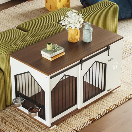 IRONCK Large Dog Crate Furniture with 2 Rotatable Dog Bowls, Wooden Dog Kennel with 2 Adjustable Shelves, Barn Doors Decorative Pet Cage Dog House as TV Stand, White IRONCK
