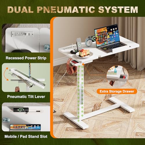 EKNKOZY Standing Desk, Medical Overbed Table with Rolling Tray and Power Outlet, Dual Pneumatic Angle and Height Adjustable Desk, Portable Side Table with Drawer, Home & Hospital Use, White EKNKOZY