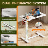 EKNKOZY Standing Desk, Medical Overbed Table with Rolling Tray and Power Outlet, Dual Pneumatic Angle and Height Adjustable Desk, Portable Side Table with Drawer, Home & Hospital Use, White EKNKOZY