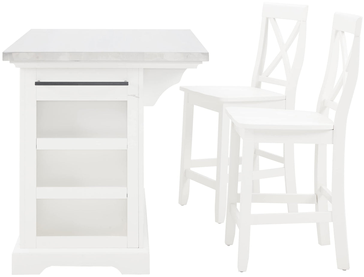 Crosley Furniture Julia Stainless Steel Top Island with Storage, Coffee Bar, and a Set of 2 X-Back Stools, White Crosley Furniture