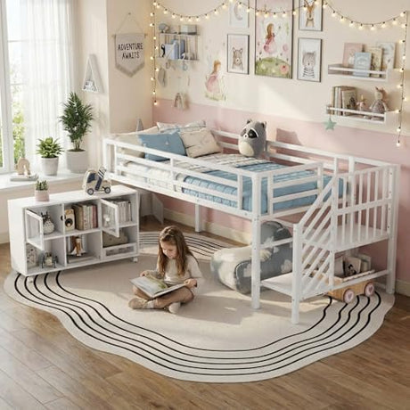 MoproBeti Low Loft Bed with Stairs, Metal Kids Loft Bed with Storage Cubby, Twin Low Loft Bed with Safety Guardrail and Under-Bed Play Space for Girls Boys,No Box Spring Needed,White MoproBeti
