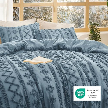 Bedsure Tufted Boho Comforter Set Queen Size - Dusty Blue Boho Bed Set, GentleSoft™ 3 Pieces Farmhouse Shabby Chic Embroidery Bedding, Gifts for Woman, Soft Jacquard Queen Comforter for All Seasons Bedsure