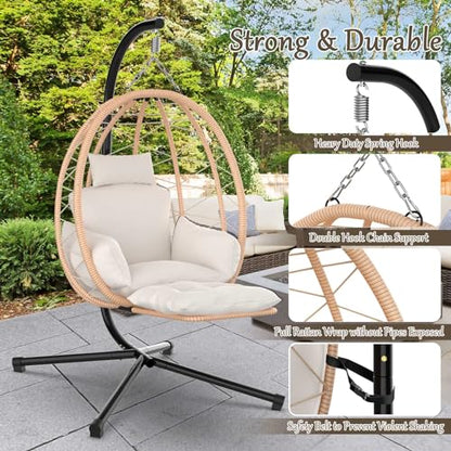 Slendor Egg Chair with Stand & Leg Rest, Rattan Wicker Swing Chair with UV Resistant Cushion and Pillow, for Indoor Outdoor Bedroom Patio Hanging Basket Chair 370lbs Capacity