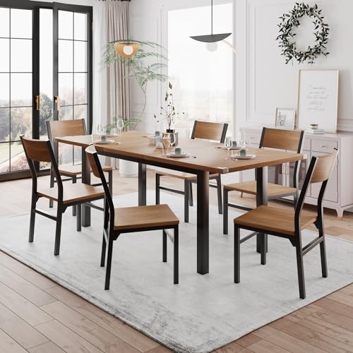 Einhomn 7-Piece Dining Room Table Set with 6 Chairs, 63" Extendable Dining Table & Chairs Set for 4-6, MDF Board & Metal Frame, for Kitchen, Dining Room, Walnut Einhomn