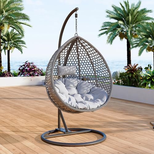 Egg Swing Chair Outdoor with Stand, Hanging Egg Rattan Basket Chair with Cushion and Pillow, Lounge Chairs for Backyard Sunroom Patio Balcony Bedroom (Grey)