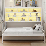 Merax Queen Size Murphy Bed with Storage Shelves and Light, Wooden Wall Bed Cabinet with Folding Sofa for Guest Room,Living Room and Bedroom Merax