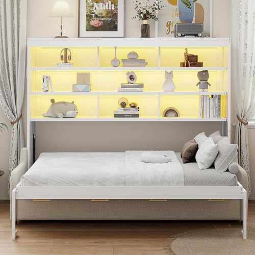 VilroCaz Queen Size Murphy Bed with Folding Sofa and Built-in Storage Shelves, Wood Murphy Cabinet Wall Bed with LED Strip Lights, Space-Saving Design (Queen) VilroCaz