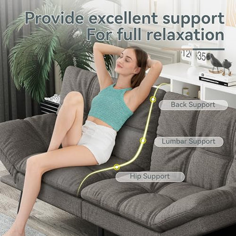 AMICLIBER Futon Sofa Bed Convertible Couch, Grey Linen Sofa Bed with Memory Foam, Adjustable Backrest & Armrests, Multifunctional Small Loveseat Sleeper Sofa for Living Room, Apartment, Office AMICLIBER