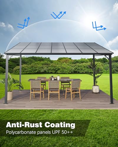 GarveeLife 12' x 14' Lean to Gazebo, Hardtop Wall Pergola with Polycarbonate Roof, Aluminum Frame Mounted Gazebo for Lawn Patio Deck Yard and Party Garveelife