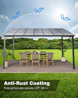 GarveeLife 12' x 14' Lean to Gazebo, Hardtop Wall Pergola with Polycarbonate Roof, Aluminum Frame Mounted Gazebo for Lawn Patio Deck Yard and Party Garveelife