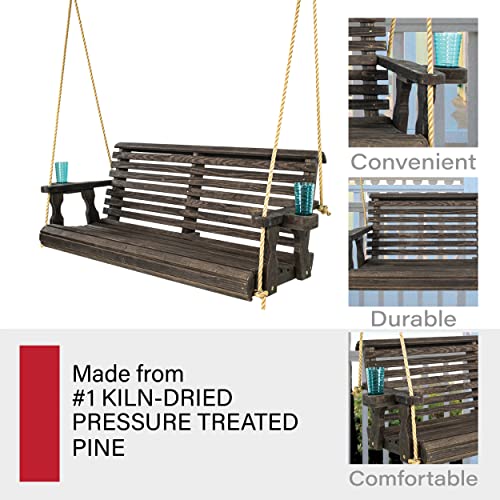 Amish Casual Heavy Duty 800 Lb Roll Back Treated Porch Swing with Hanging Ropes and Cupholders (5 Foot, Semi-Solid Black Stain) - WoodArtSupply