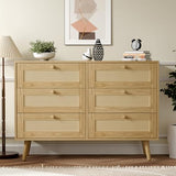 infurnic 6 Drawer Rattan Dresser for Bedroom, Modern Wooden Dresser Chest with Handles for Bedroom, Hallway and Living Room, Wood Oak infurnic