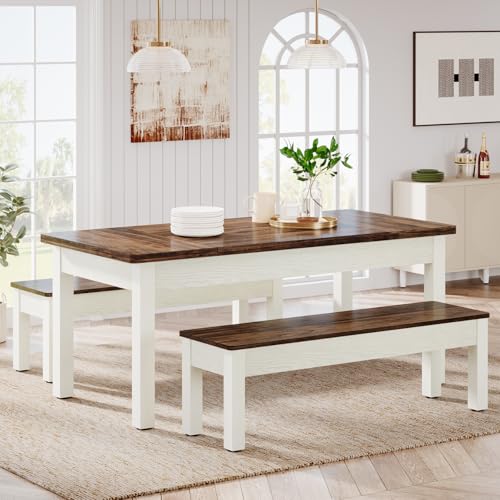 Tribesigns Farmhouse Dining Table Set for 4-6, 55-Inch Wooden Kithcen Table with 2 Benches, Space Saving 3 Pieces Heavy Duty Dinette for Dining Room, Kitchen, Small Space Tribesigns