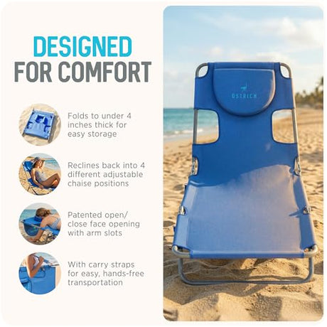 Ostrich the Original Chaise 72 x 22 Inch Lounge Portable Reclining Lounger, Outdoor Patio, Beach, Lawn, Camping, or Pool Tanning Chair, Ocean Blue Ostrich