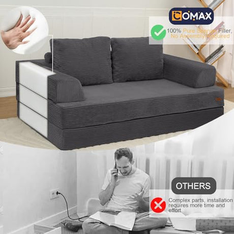 COMAX Convertible Sofa Bed, Folding Floor Couch Corduroy Fold Out Couch Bed Futon Sleeper Mattress with Pillows, Boneless Sofa Comfy Lounge Loveseat for Living Room Bedroom, Grey COMAX