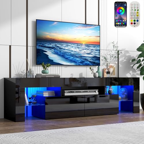 Vinctik 6&Fox 70in LED TV Stand for 75/80/85 inch TV,Modern Black TV Stands for Living Room,High Gloss TV Entertainment Center with 2 Large Storage Drawer,APP RGB Light,TV Console(71in Black) - WoodArtSupply